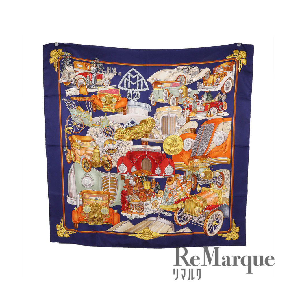 Hermes Multicolor Blue Silk Automobile JESUS Carre ET Scarf Navy